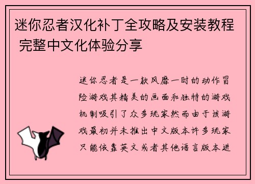 迷你忍者汉化补丁全攻略及安装教程 完整中文化体验分享